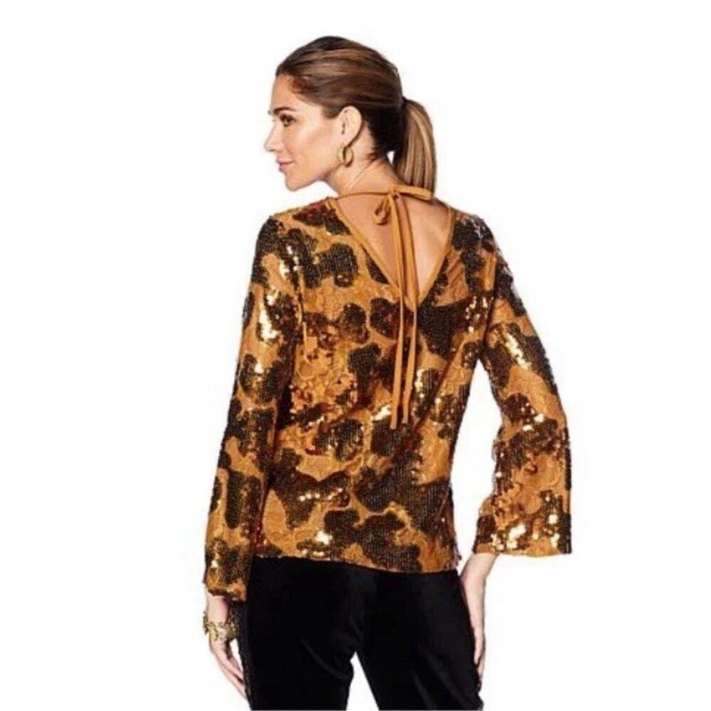 NWT La Bellum Hillary Scott Brown Gold Sequin Lace Bell Sleeve Top Blouse Medium